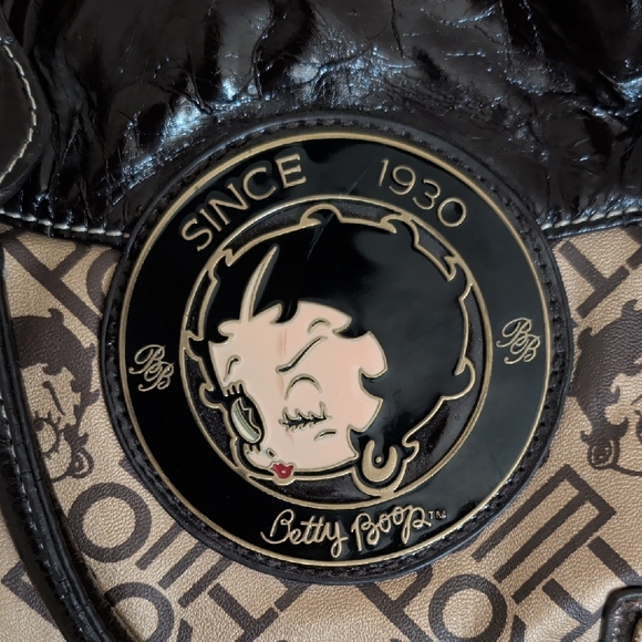 Betty Boop Black & Tan Logo Shoulder Bag with Gold Hardware - Picture 3 of 14